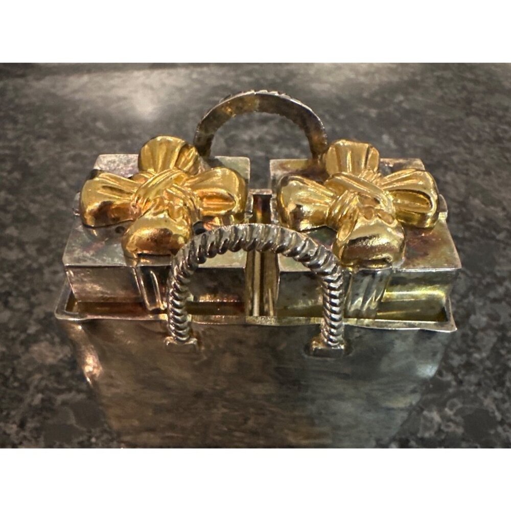 Silver-Plated Gift Bag Salt & Pepper Shakers With Golden Bow Vintage Unpolished